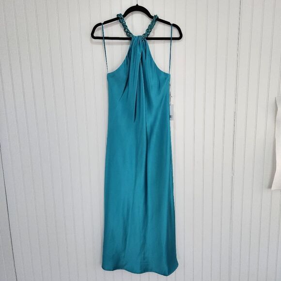 NEW JASON WU Satin Blue Chain Halter Neck Midi Dress size Small - Picture 1 of 8